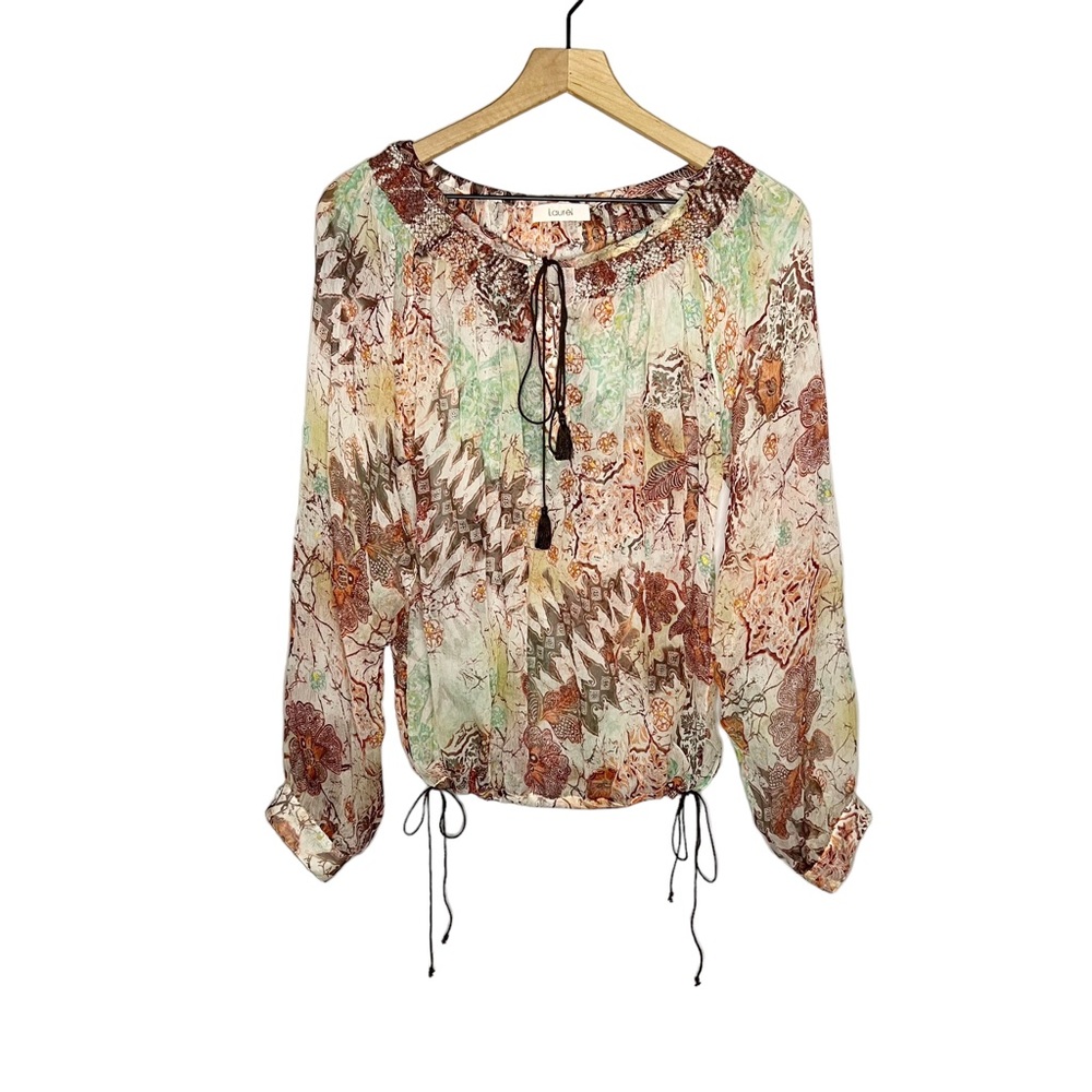 Laurèl Silk Printed Tie Button Long Sleeve Multicolor Top 36 S